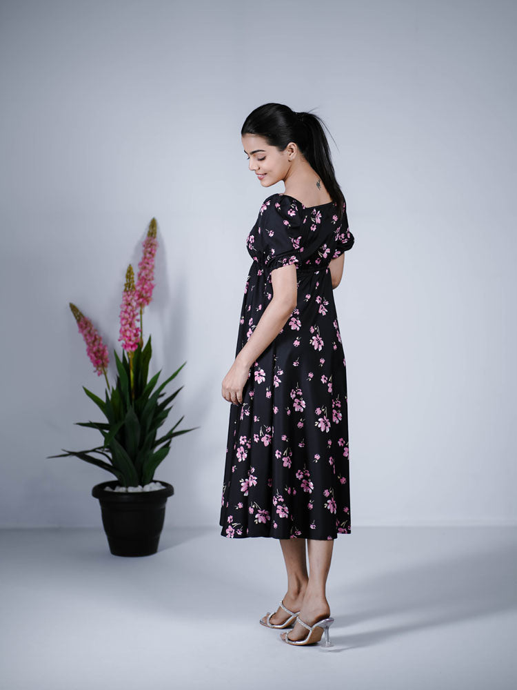 Black with Pink Floral Puff Sleeve Maxi Dress PSD408