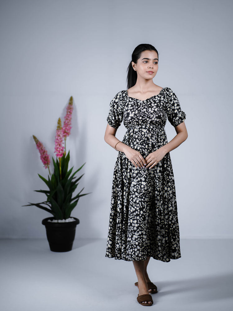 Black with White Daisy Print Puff Sleeve Dress PSD411