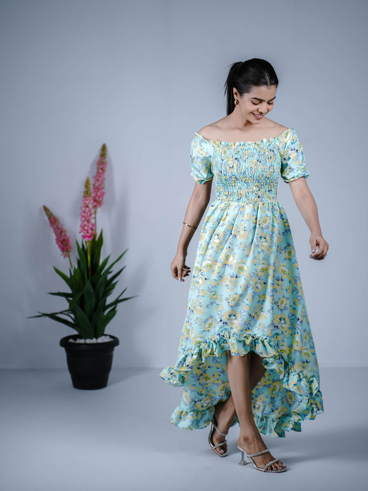 Light Blue High-Low Smocked Dress PSD409