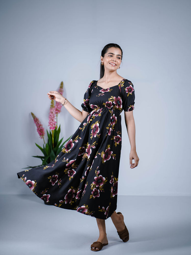 Black with Dark Purple Bloomy Charm Empire Dress PSD410