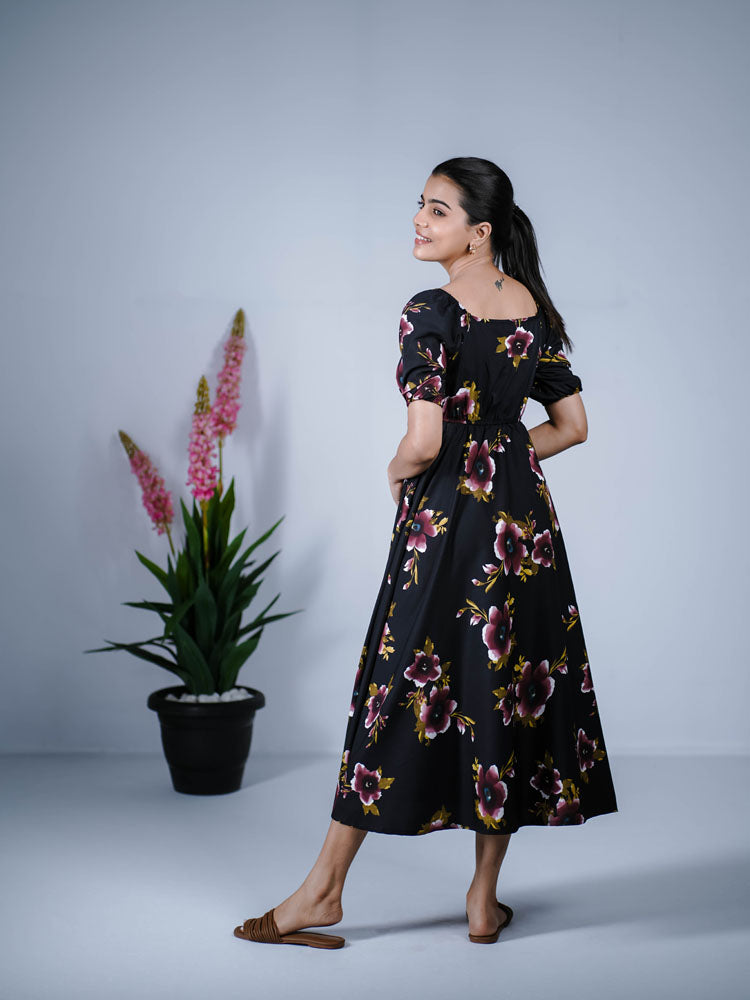 Black with Dark Purple Bloomy Charm Empire Dress PSD410