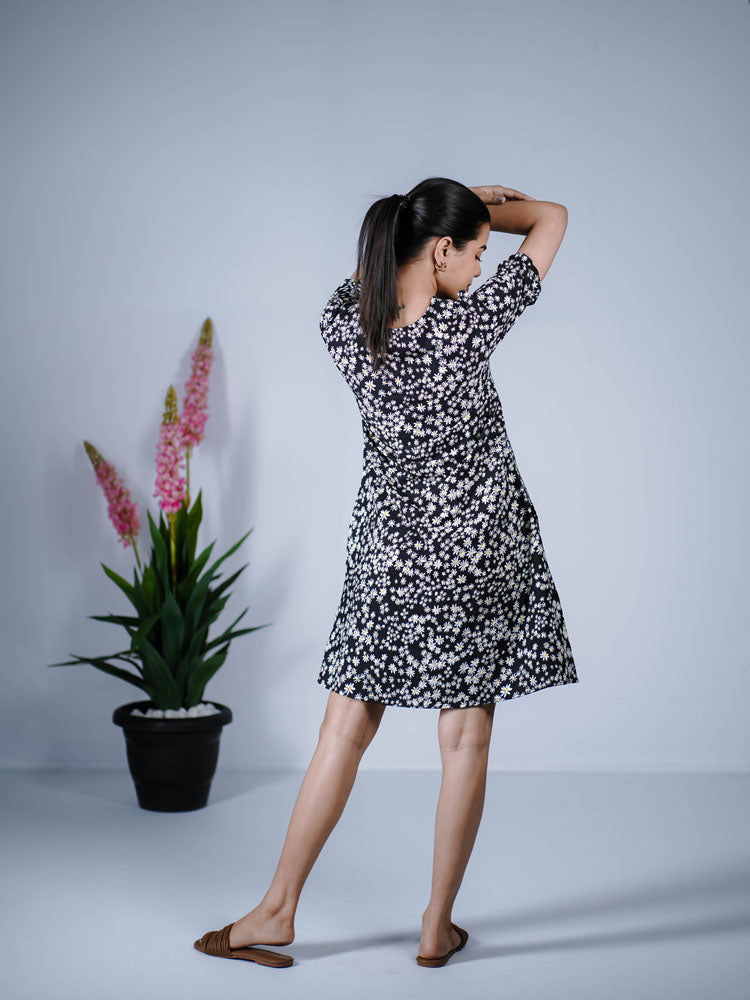 Black with White Daisy Breeze Buttoned Dress PSD202S