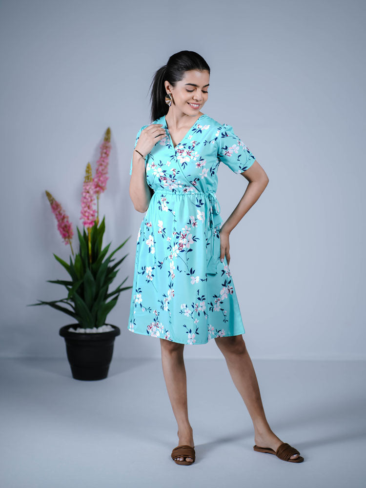 Aqua Blue Blossom Wrap Dress PSD203S