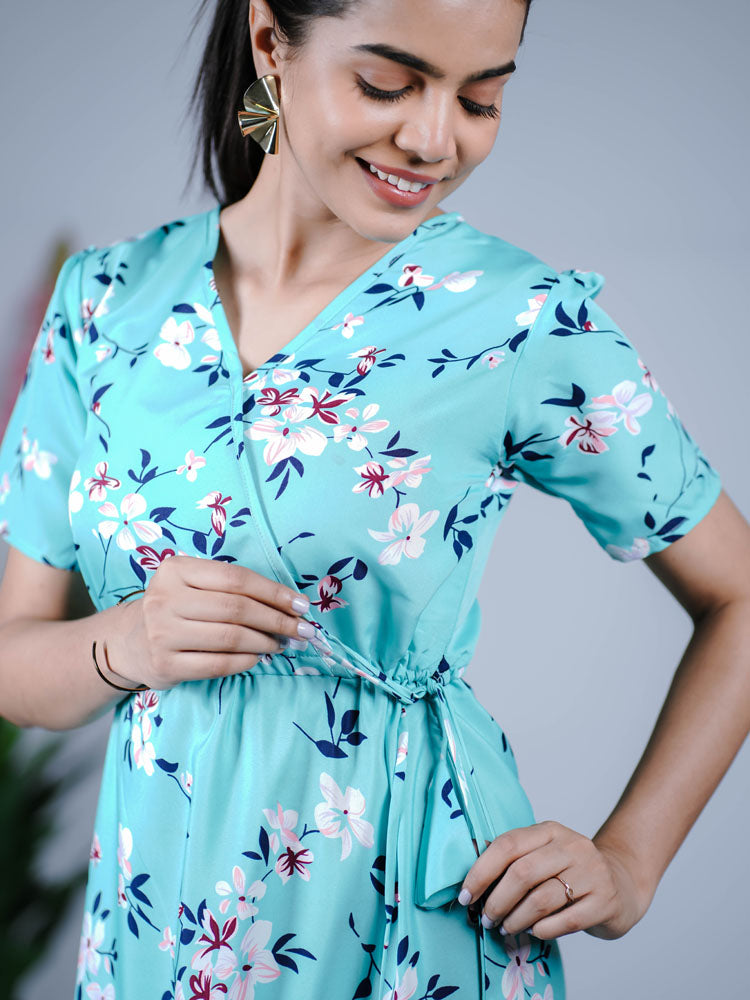 Aqua Blue Blossom Wrap Dress PSD203S
