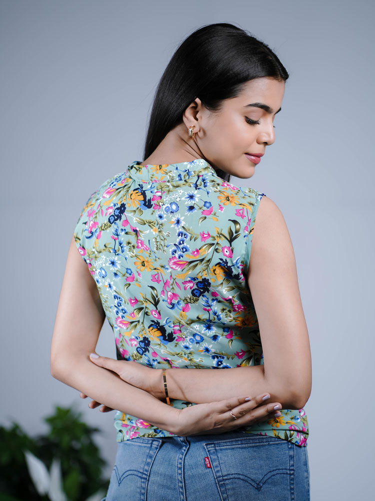 Multi-Colored Floral Bow-Tie Top PST302