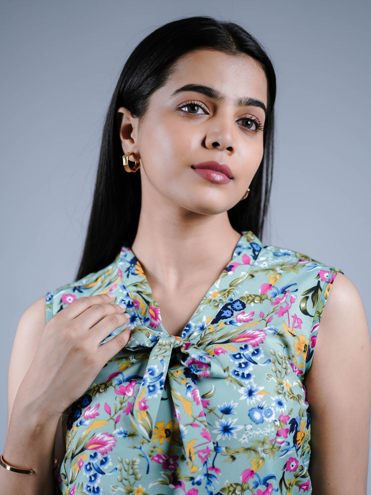 Multi-Colored Floral Bow-Tie Top PST302