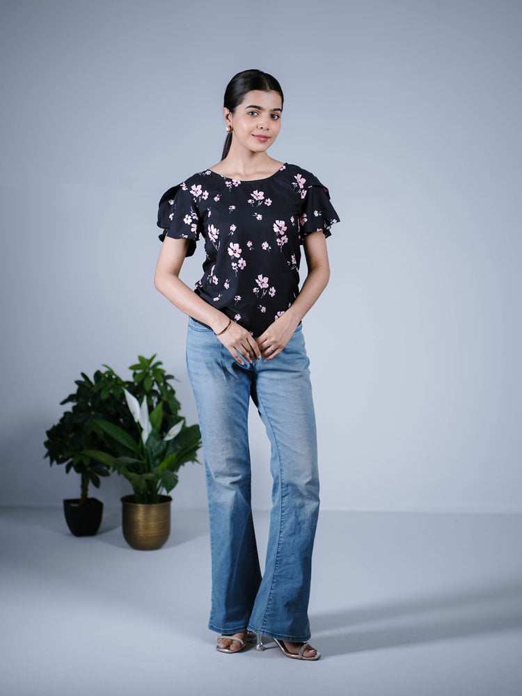 Black Floral Ruffled Top PST303