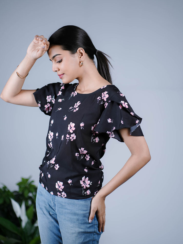 Black Floral Ruffled Top PST303