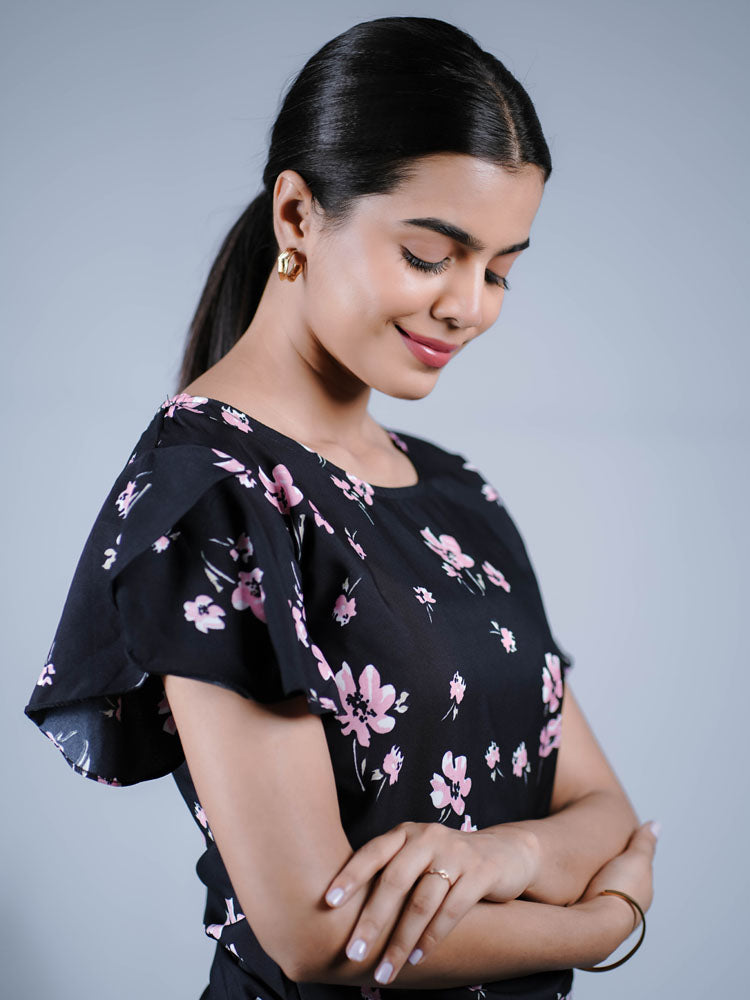 Black Floral Ruffled Top PST303