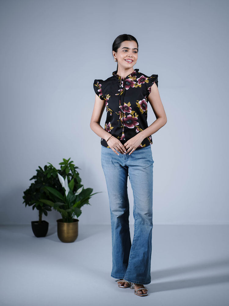 Black Floral Ruffle-Sleeve Top PST304