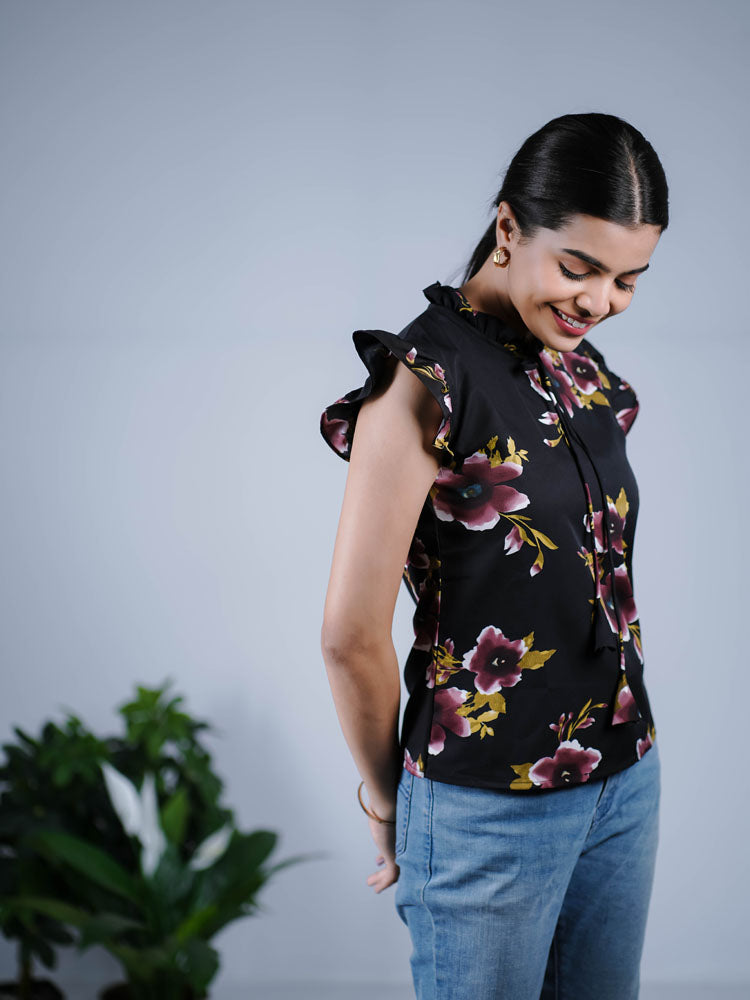 Black Floral Ruffle-Sleeve Top PST304