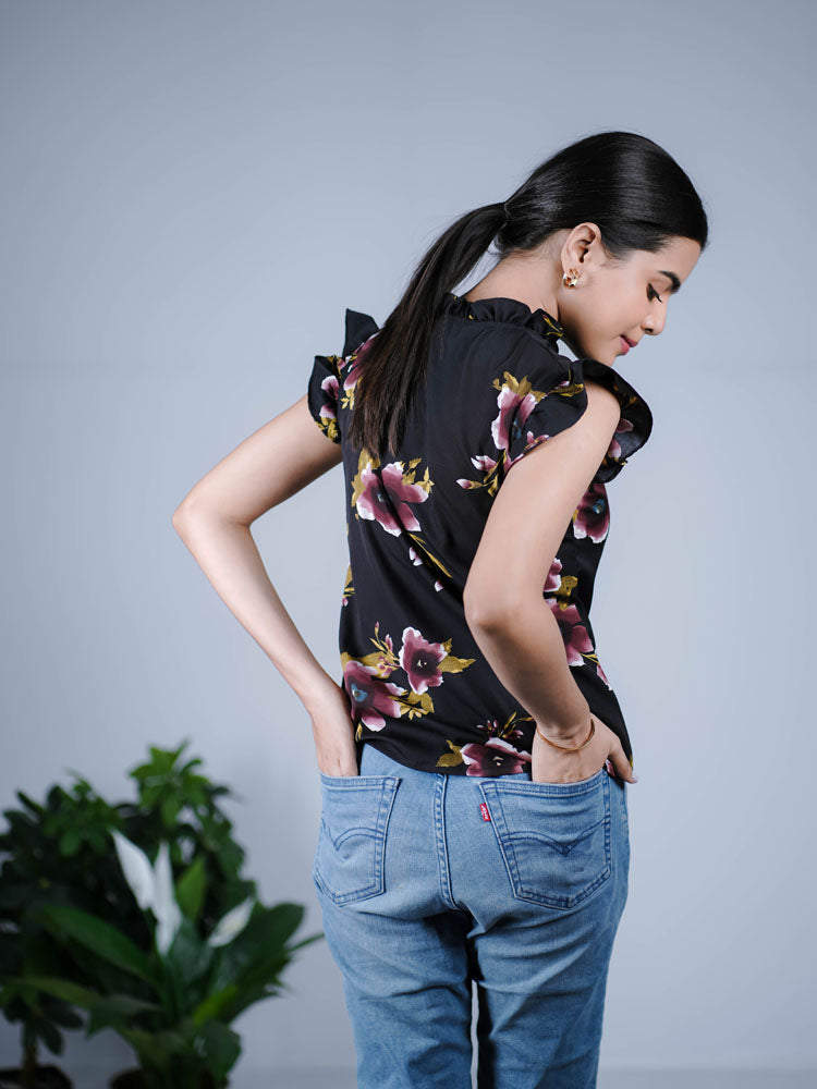 Black Floral Ruffle-Sleeve Top PST304