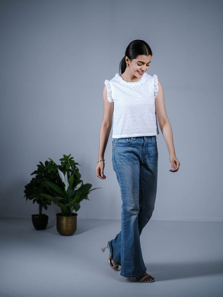 White Eyelet Ruffle-Sleeve Top PS01ET103