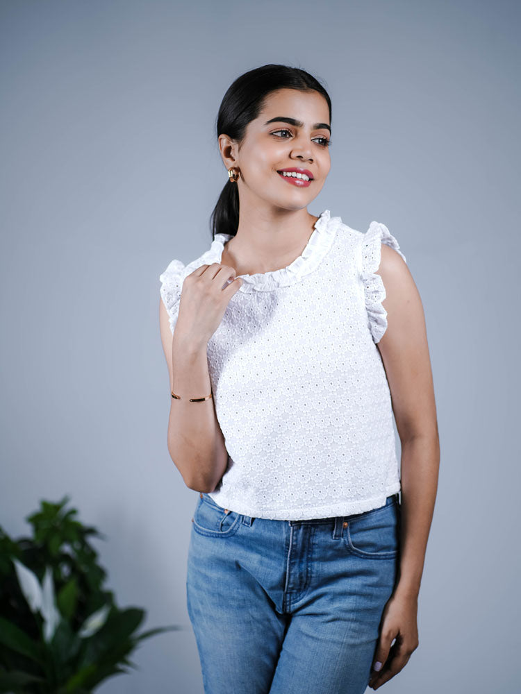 White Eyelet Ruffle-Sleeve Top PS01ET103
