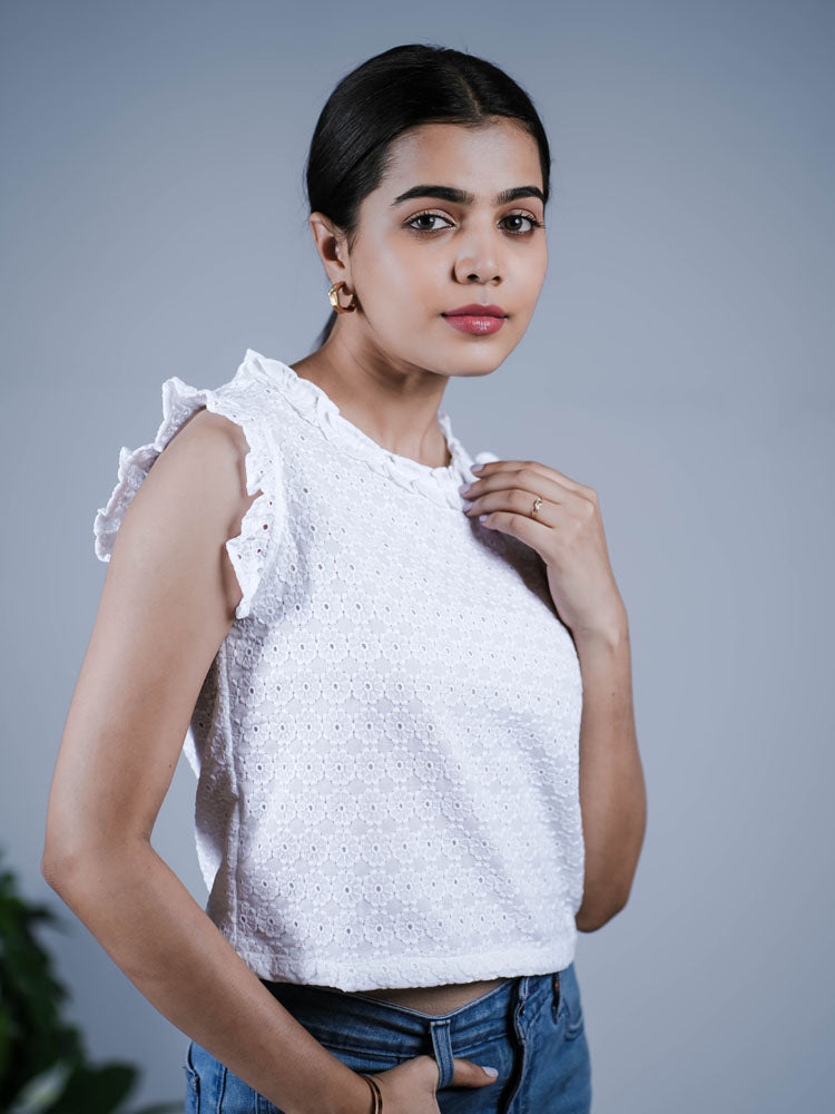 White Eyelet Ruffle-Sleeve Top PS01ET103