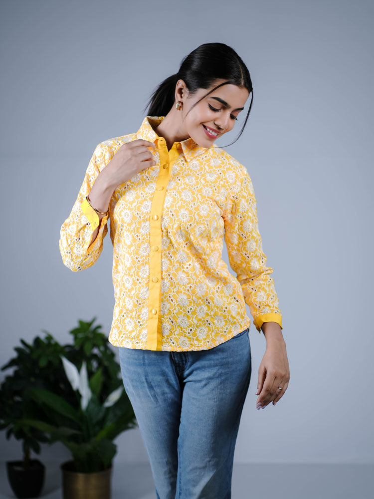 Vibrant yellow Sunny Floral Lace Shirt PS01ET102