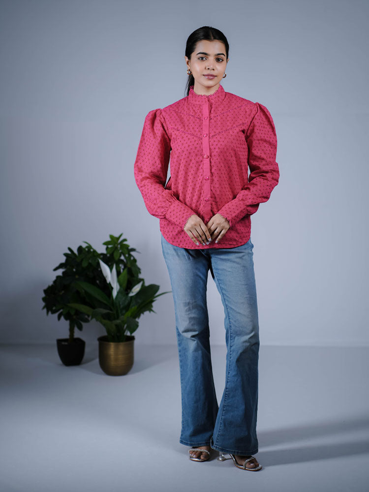 Deep Pink Embroidered Button-Down Top PS01ET101