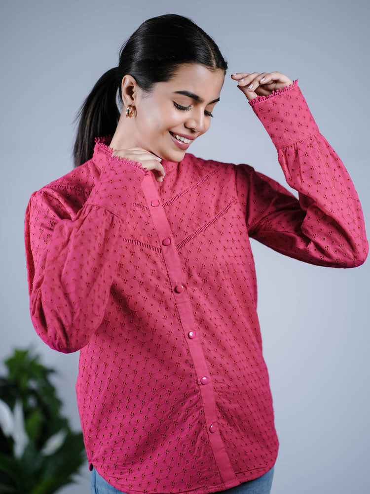 Deep Pink Embroidered Button-Down Top PS01ET101