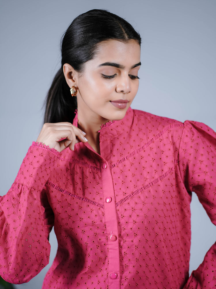 Deep Pink Embroidered Button-Down Top PS01ET101