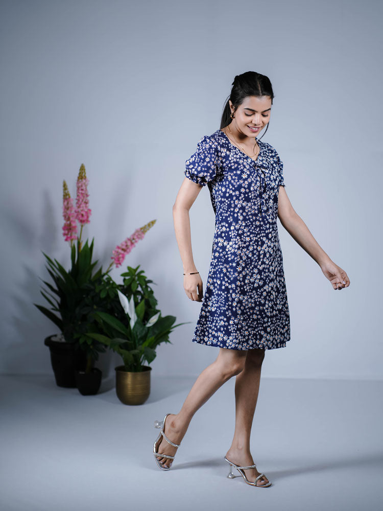 Navy Blue Floral Fit and Flare Dress PSD204S