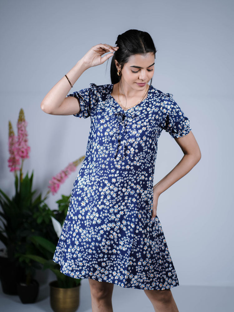 Navy Blue Floral Fit and Flare Dress PSD204S