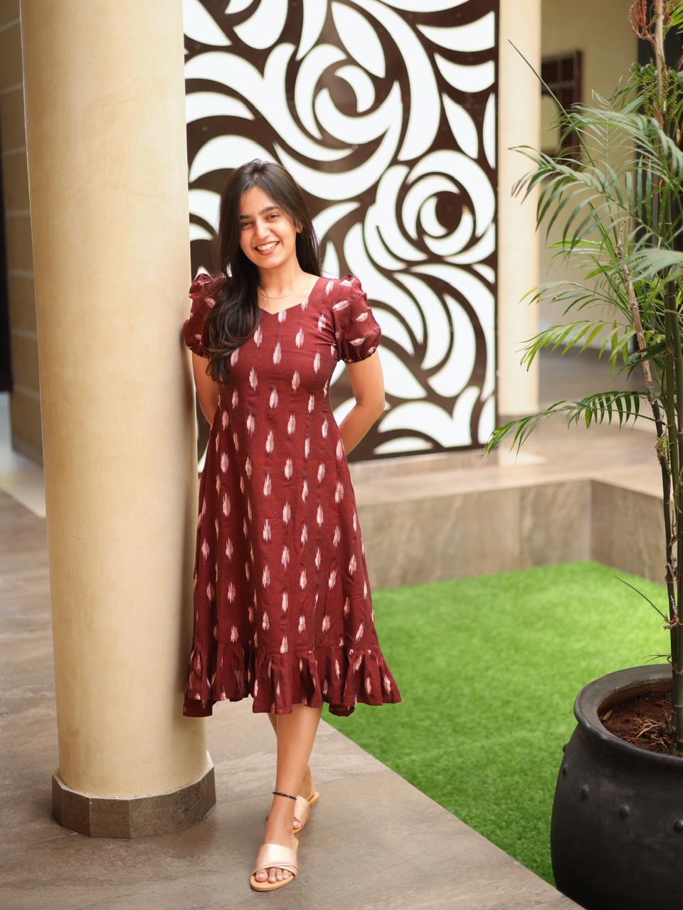 Maroon Ikat Print Midi Dress for Women