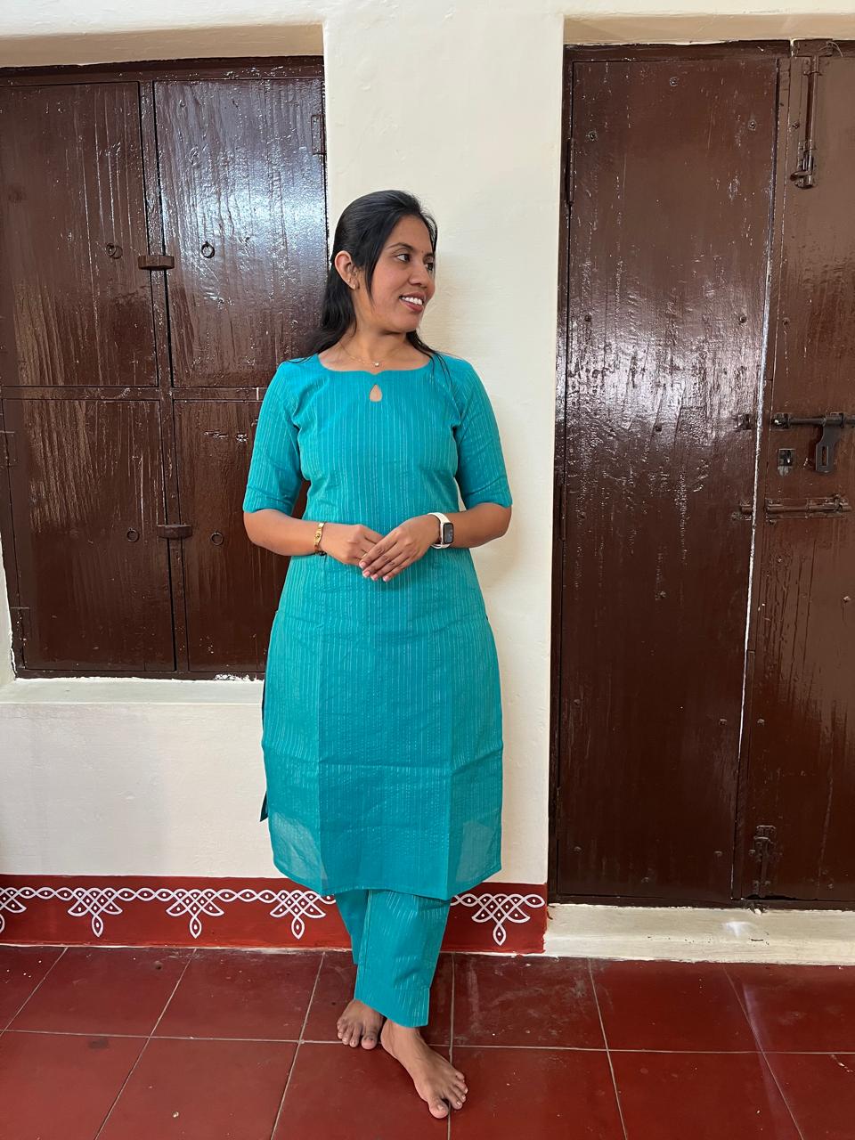 Elegant Teal Blue Kurti Set with Straight Pants