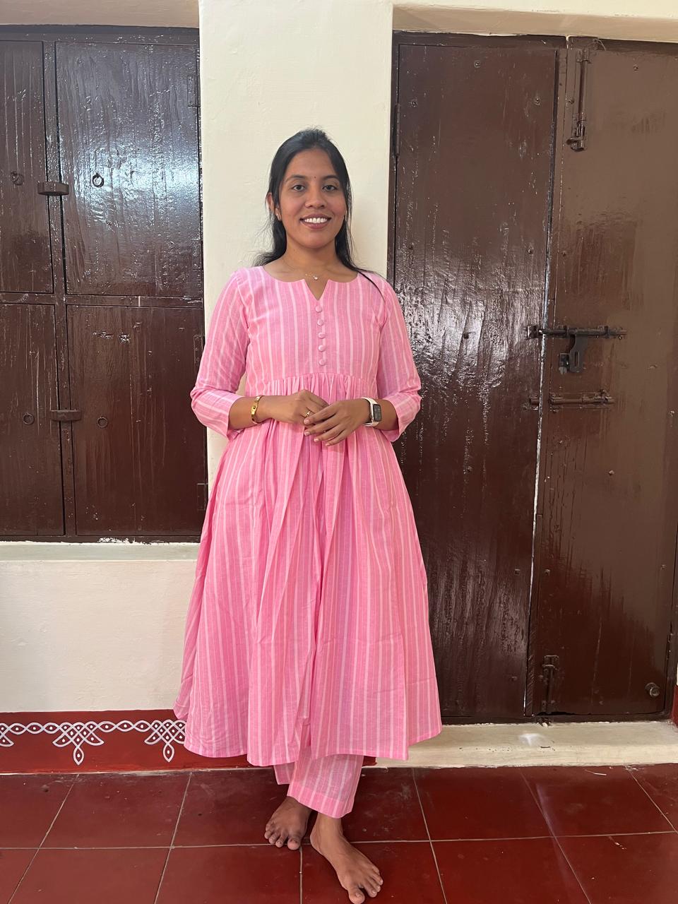 Stylish Pink Striped Anarkali Kurti Set with Straight Pants