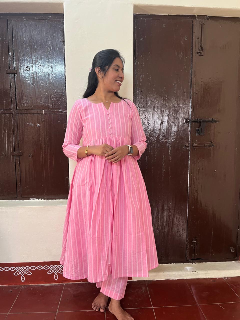 Stylish Pink Striped Anarkali Kurti Set with Straight Pants