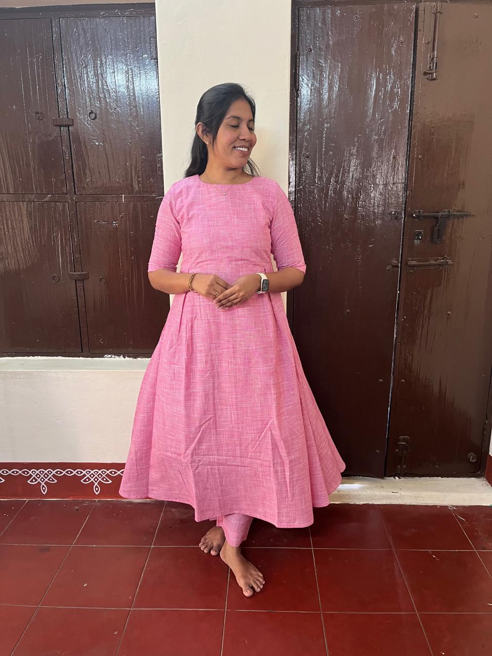 Elegant Pink A-Line Kurti Set with Straight Pants