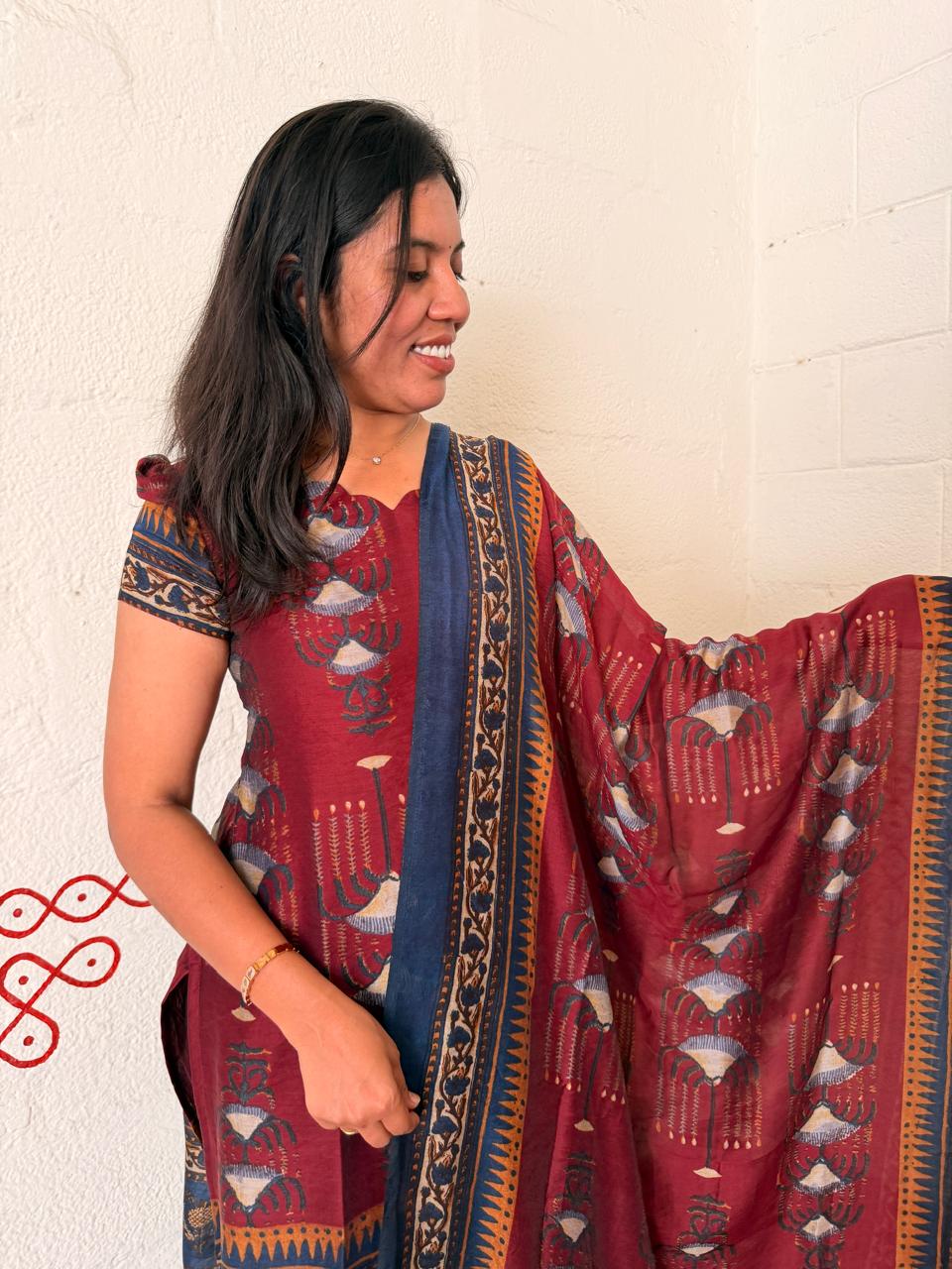 Maroon Printed Modal Kurti with Dupatta