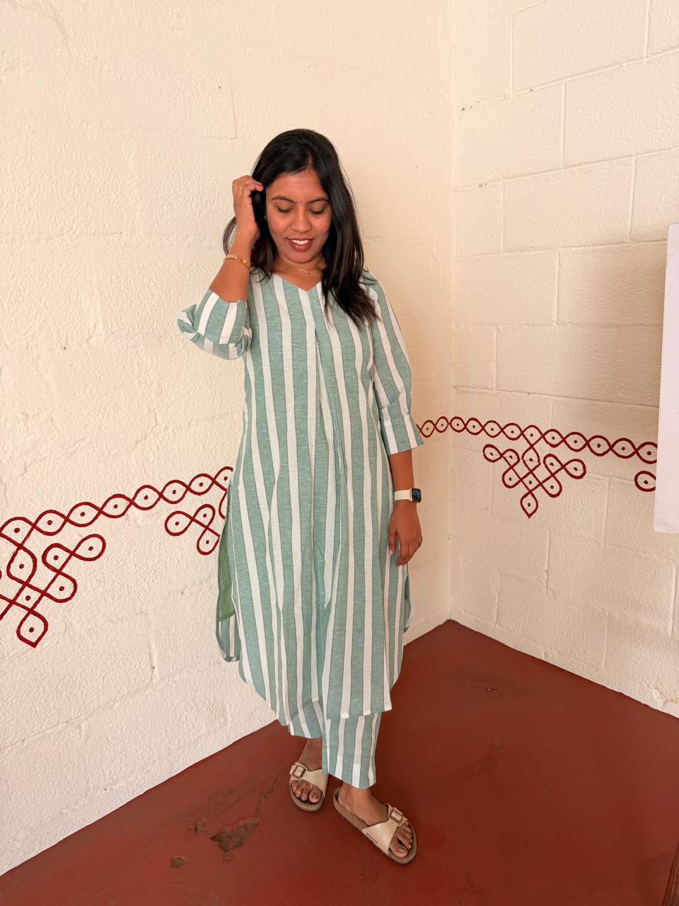 Green Striped Cotton Co-ords set for Women