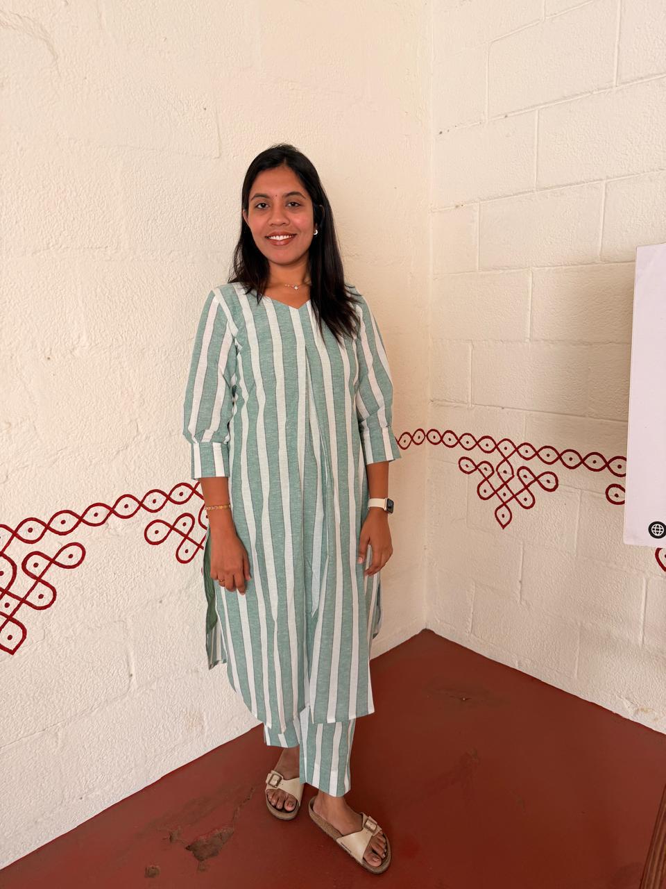 Green Striped Cotton Co-ords set for Women