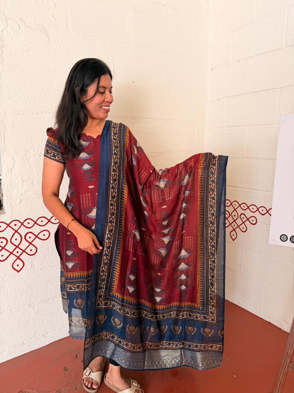 Maroon Printed Modal Kurti with Dupatta
