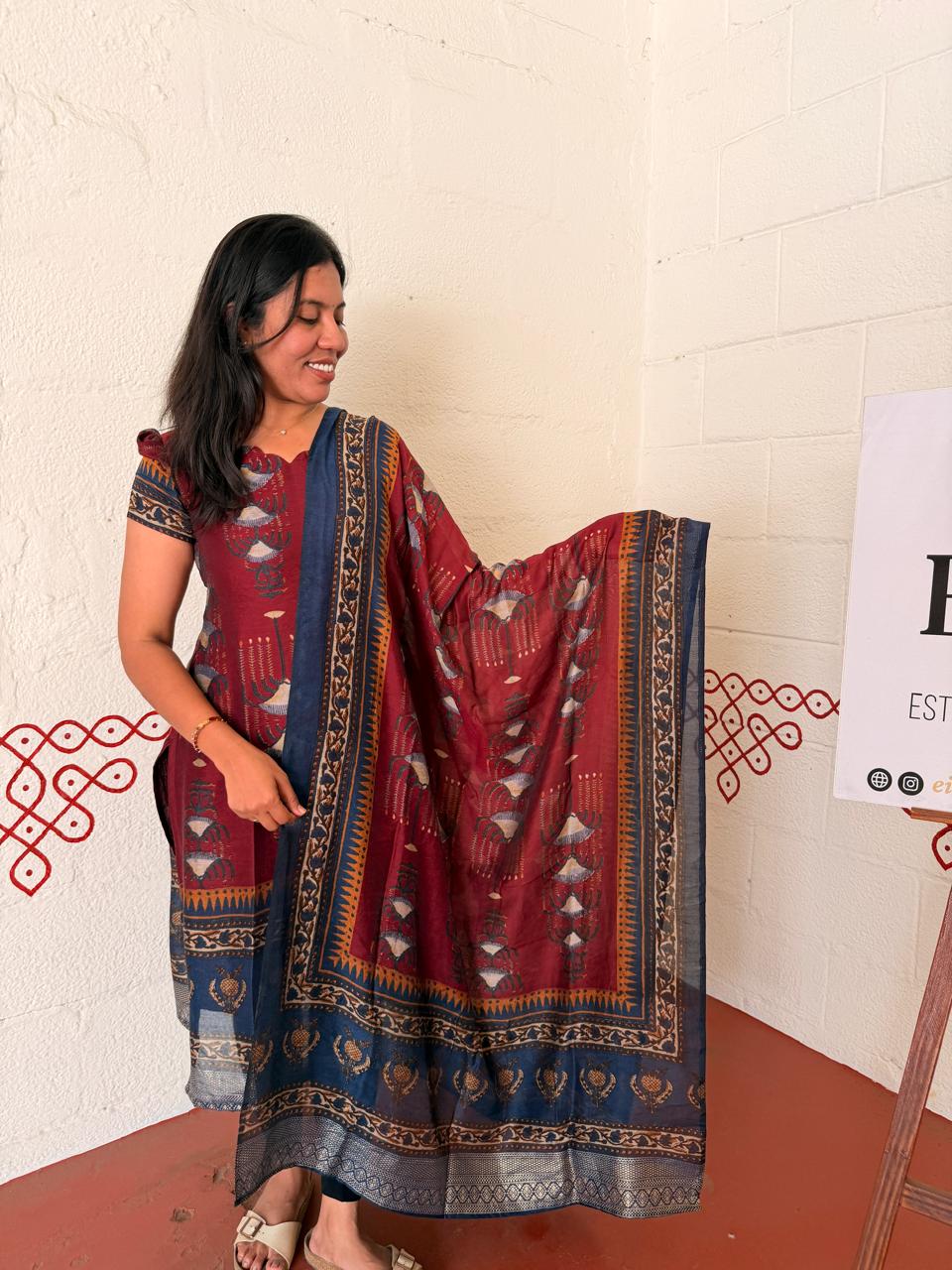 Maroon Printed Modal Kurti with Dupatta