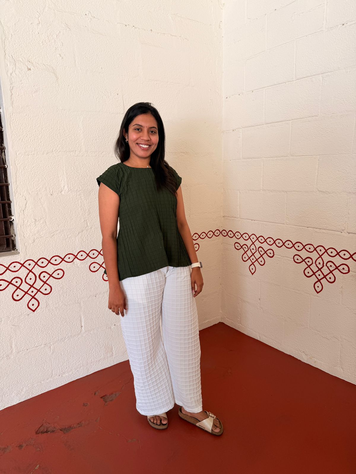 Elegant Olive Green Top with White Pants