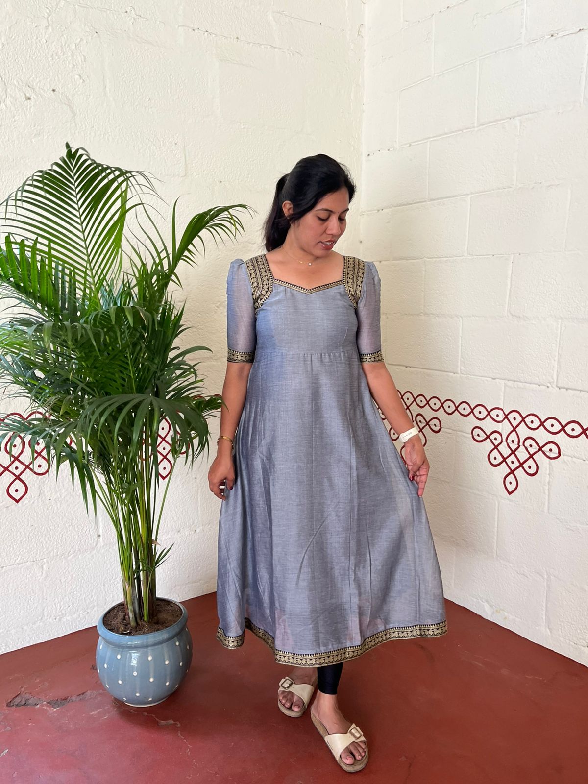 Grey Mangalagiri Cotton Salwar Suit with Dupatta