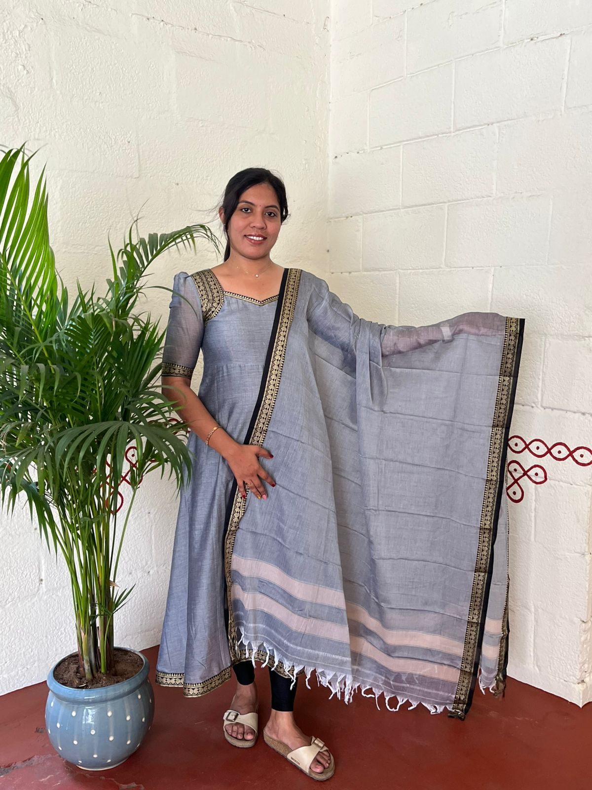 Grey Mangalagiri Cotton Salwar Suit with Dupatta