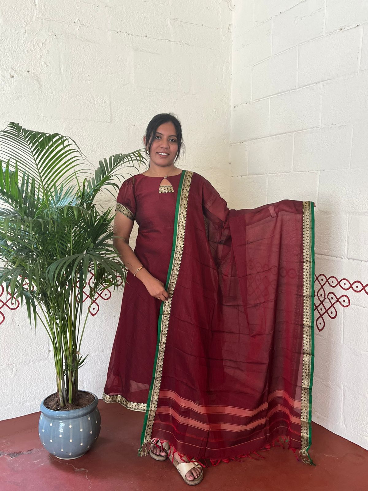 Maroon Mangalagiri Cotton Salwar Suit with Dupatta