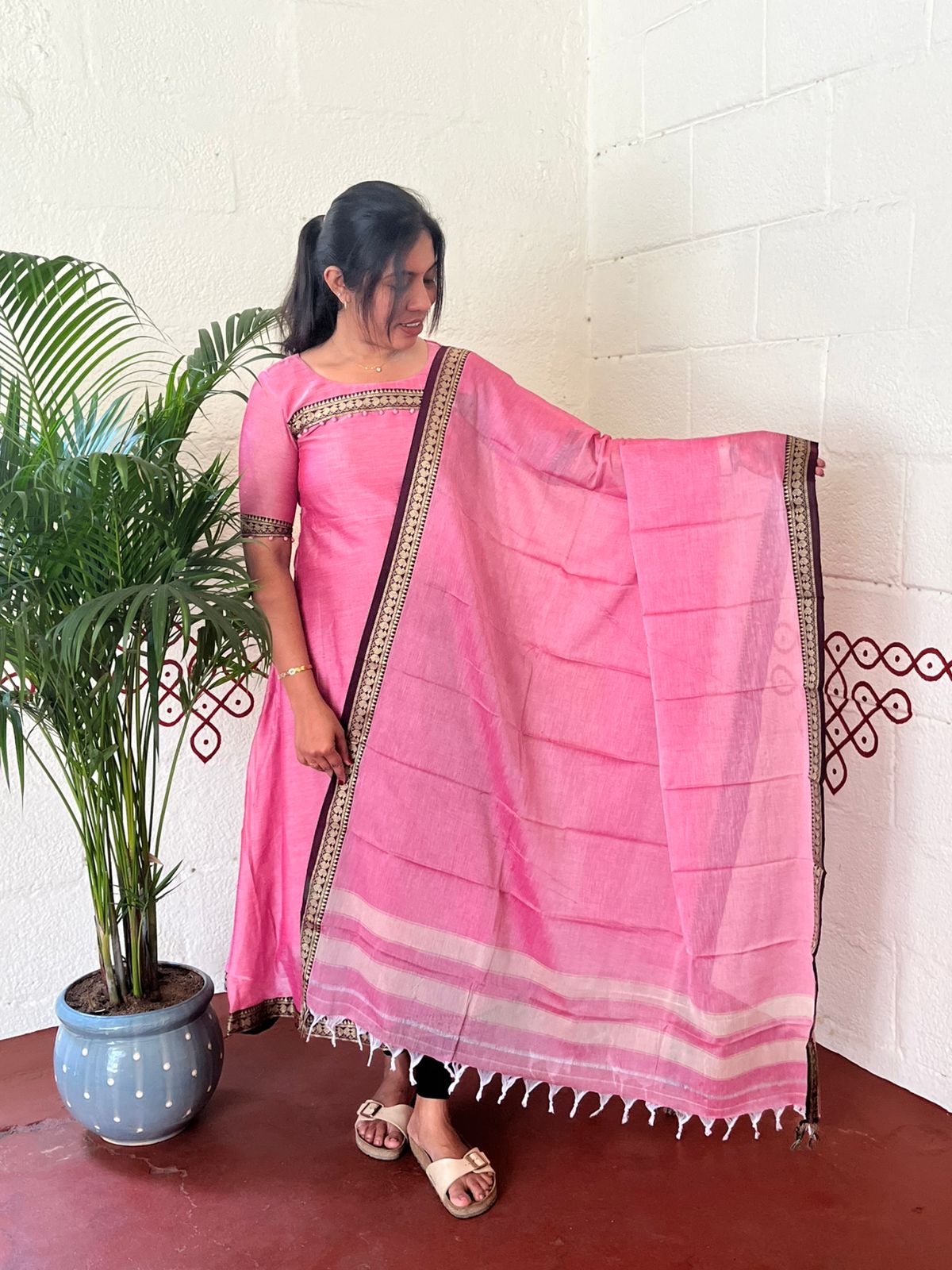 Pink Mangalagiri Cotton Salwar Suit with Dupatta