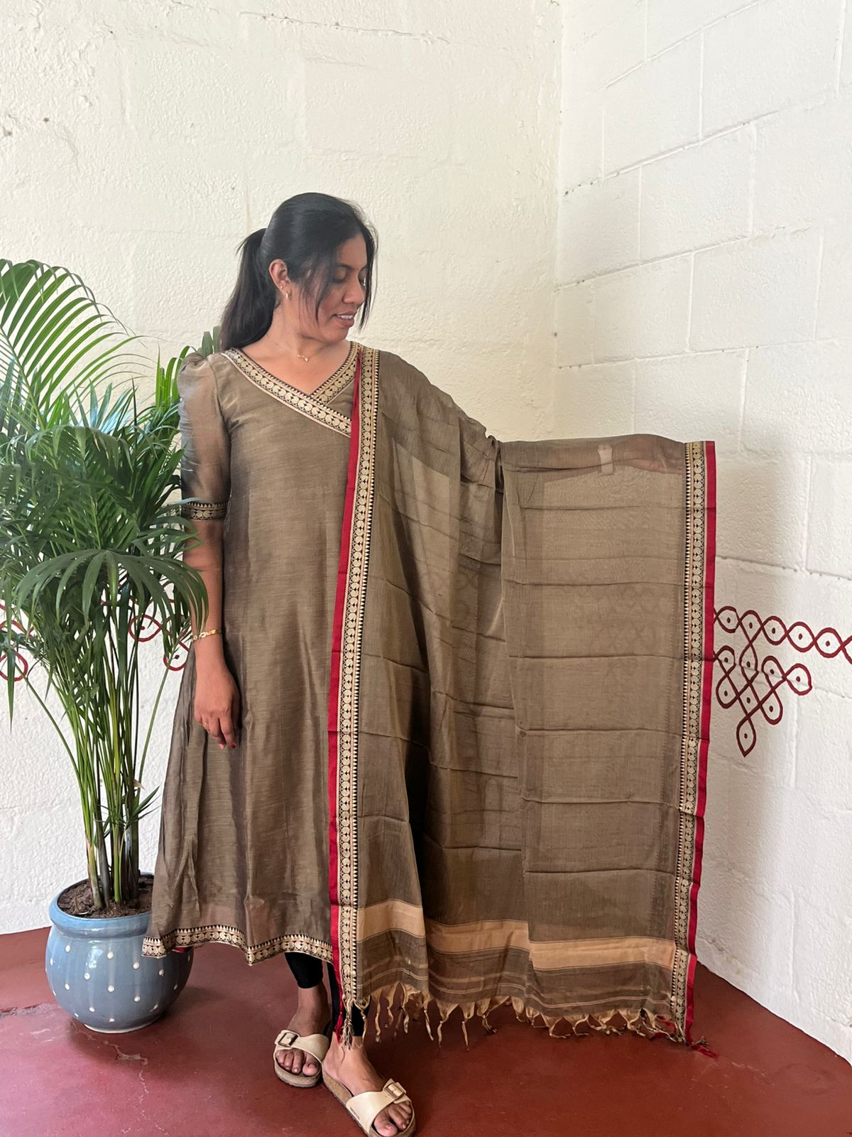 Mud Brown Mangalagiri Cotton Salwar Suit with Dupatta