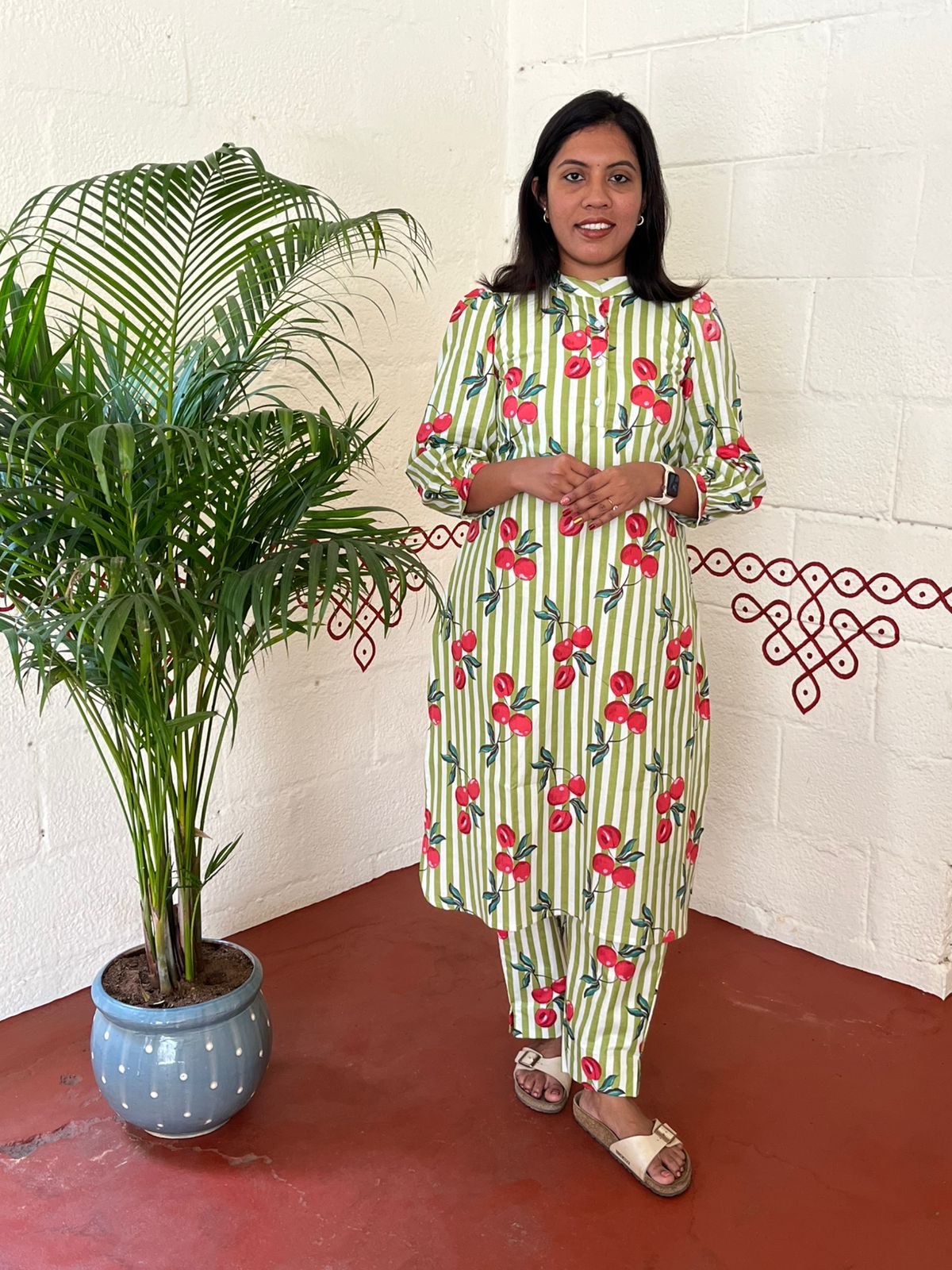 Green Striped Floral Cotton Co-Ord Set