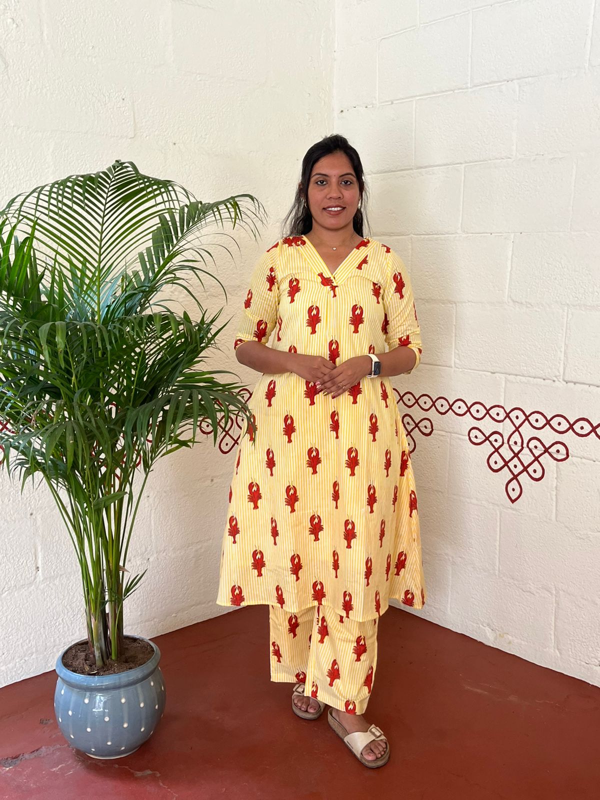 Yellow Striped Lobster Print Cotton Co-Ord Set
