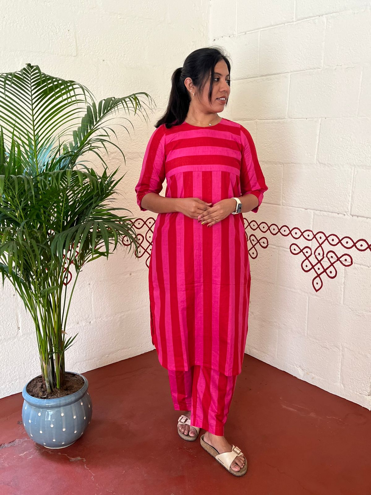 Pink Horizontal Line Cotton Co-Ord Set