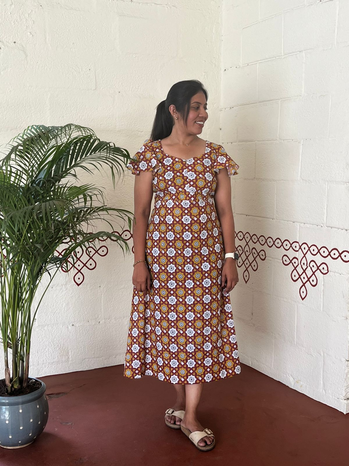 Rust Orange Geometric Print Midi Dress