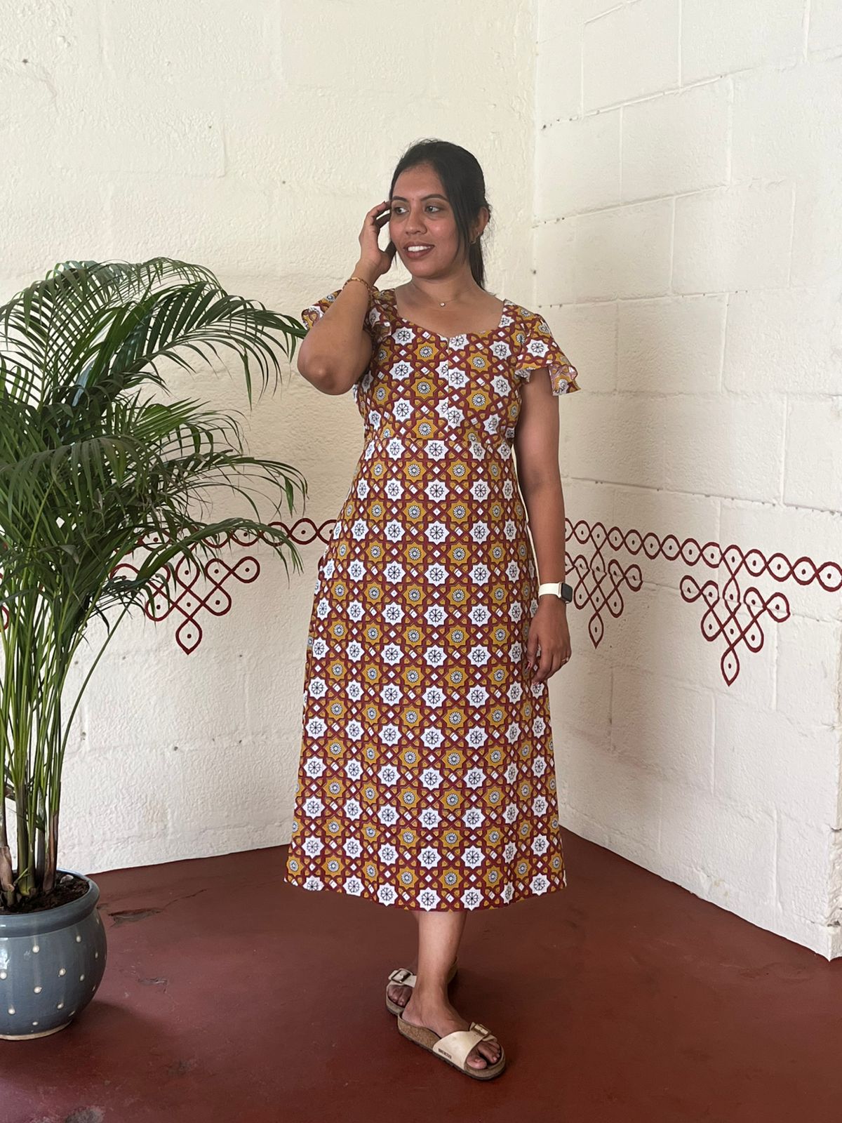 Rust Orange Geometric Print Midi Dress