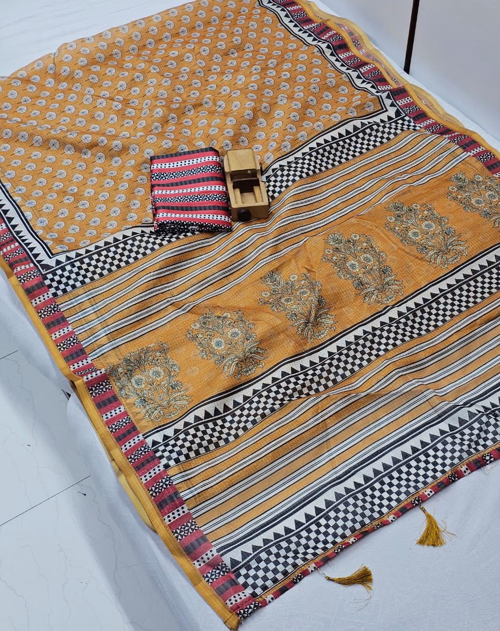 Yellow and Black Royal Tradition Kota Cotton Saree