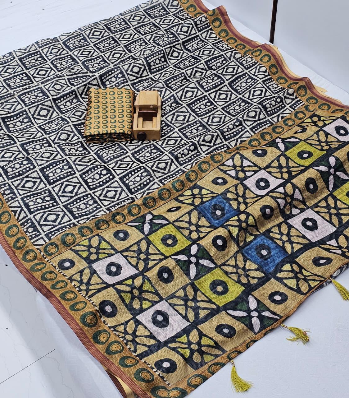 Yellow and Black Royal Tradition Kota Cotton Saree