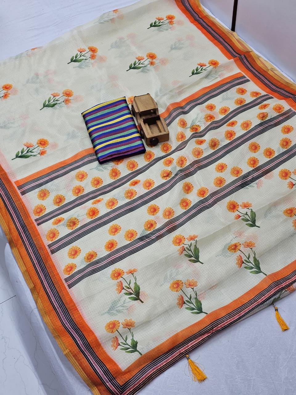 Orange and Whtie colour  Royal Tradition Kota Cotton Saree