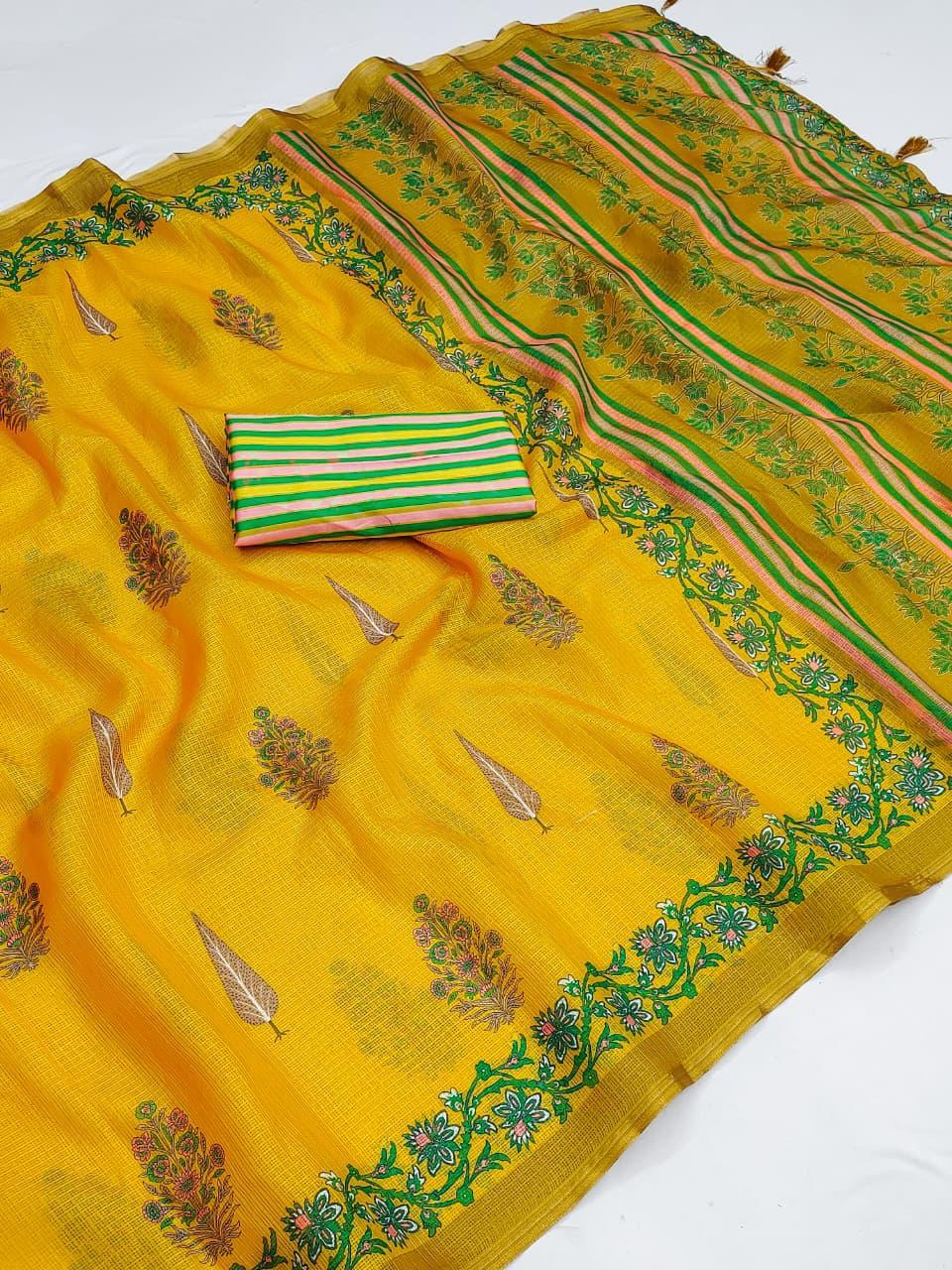 Yellow and Green colour  Royal Tradition Kota Cotton Saree